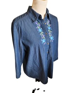 Karen Scott Denim Button-Down Shirt with Blue & Purple Floral Embroidery